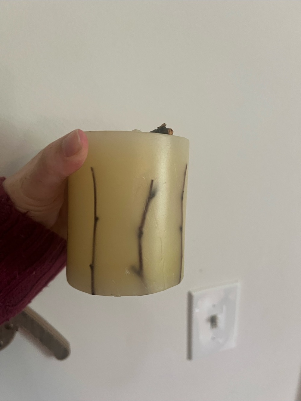 Unscented Ivory Decorative Pillar Candle with Twig Accent